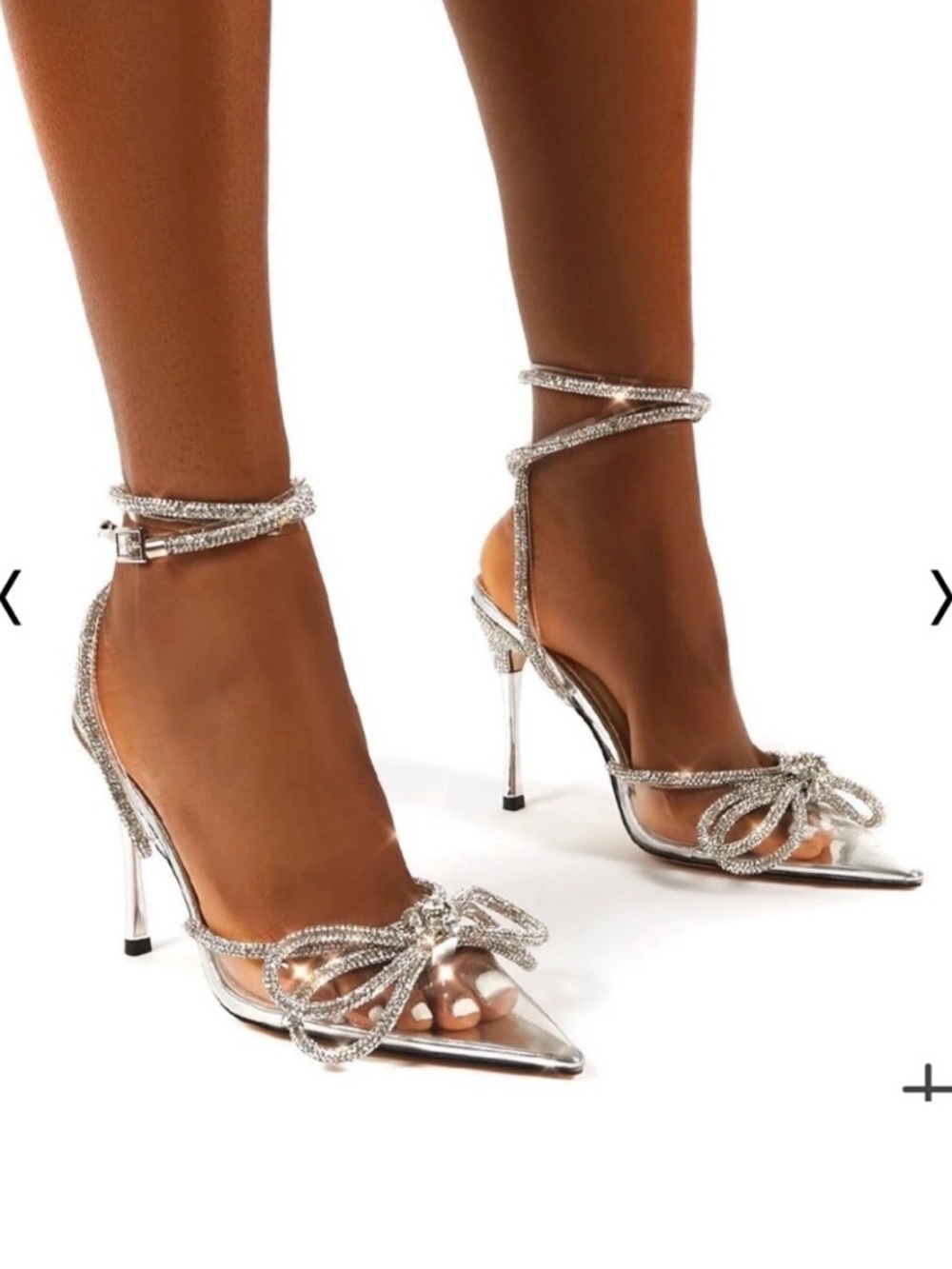 Public Desire Silver Crystal Bow Ankle-Wrap Pointed Stilettos Mach & Mach Style